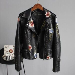 MARGARET - JAPANESE STYLE FLOWER EMBROIDERED FAUX LEATHER JACKET